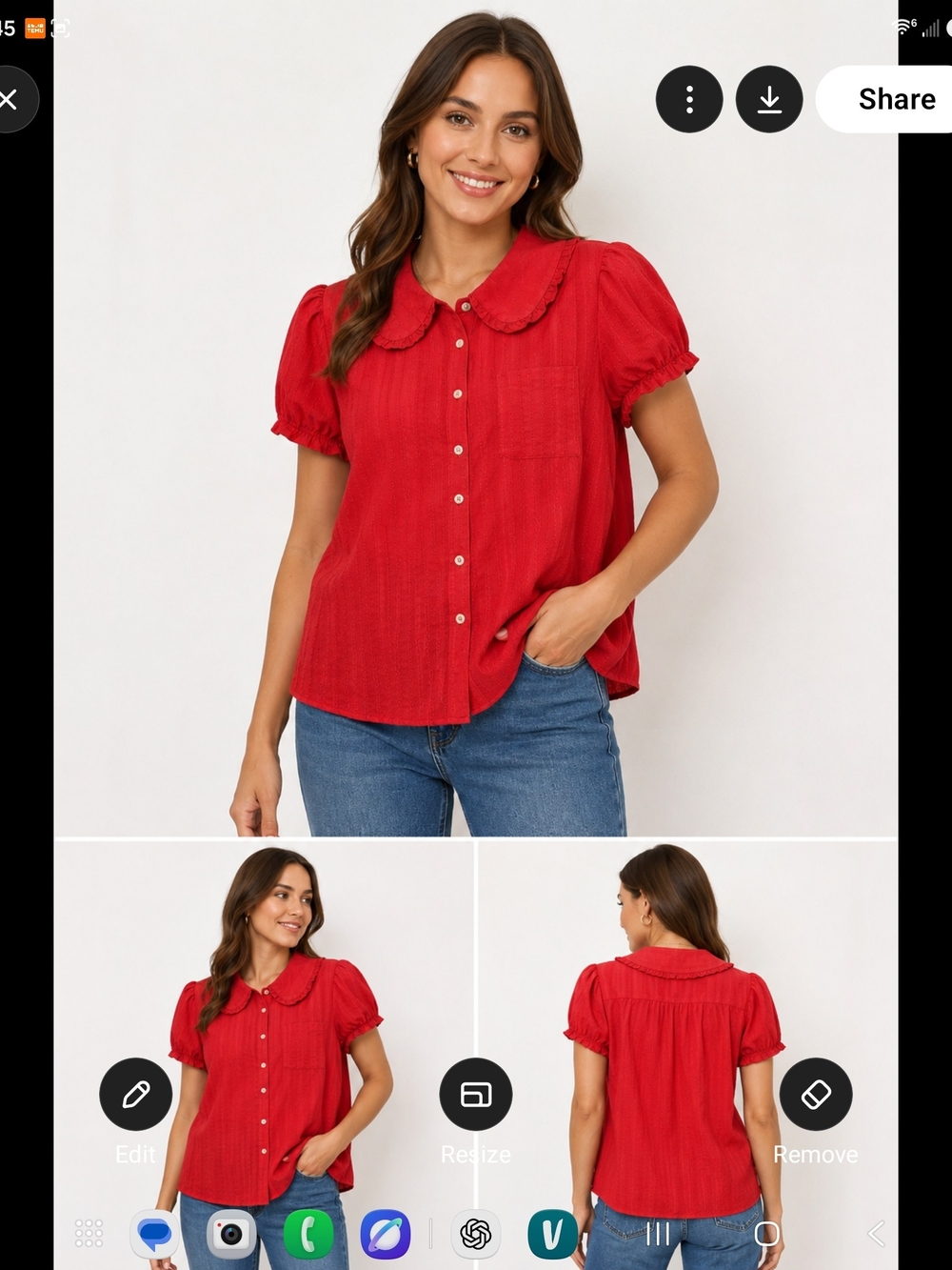 Women's Red Button-Front Puff Sleeve Shirt with Peter Pan Collar
